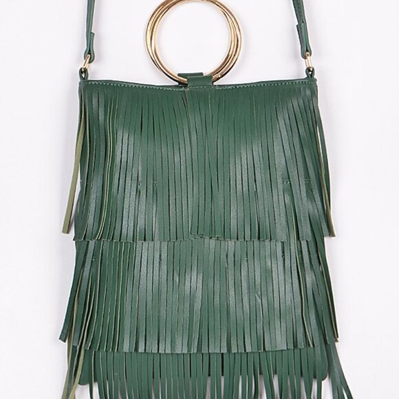 Fringe Tiered /Tassel/ Gold Hoop / Bohemian Crossbody/ Retro 70s - Green - NWT